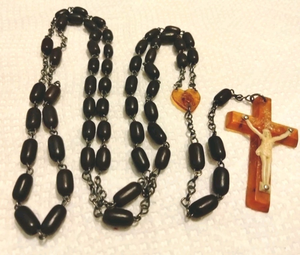 Antique Irish Rosary Butterscotch Bakelite Crucifix Cross Excellent Condition