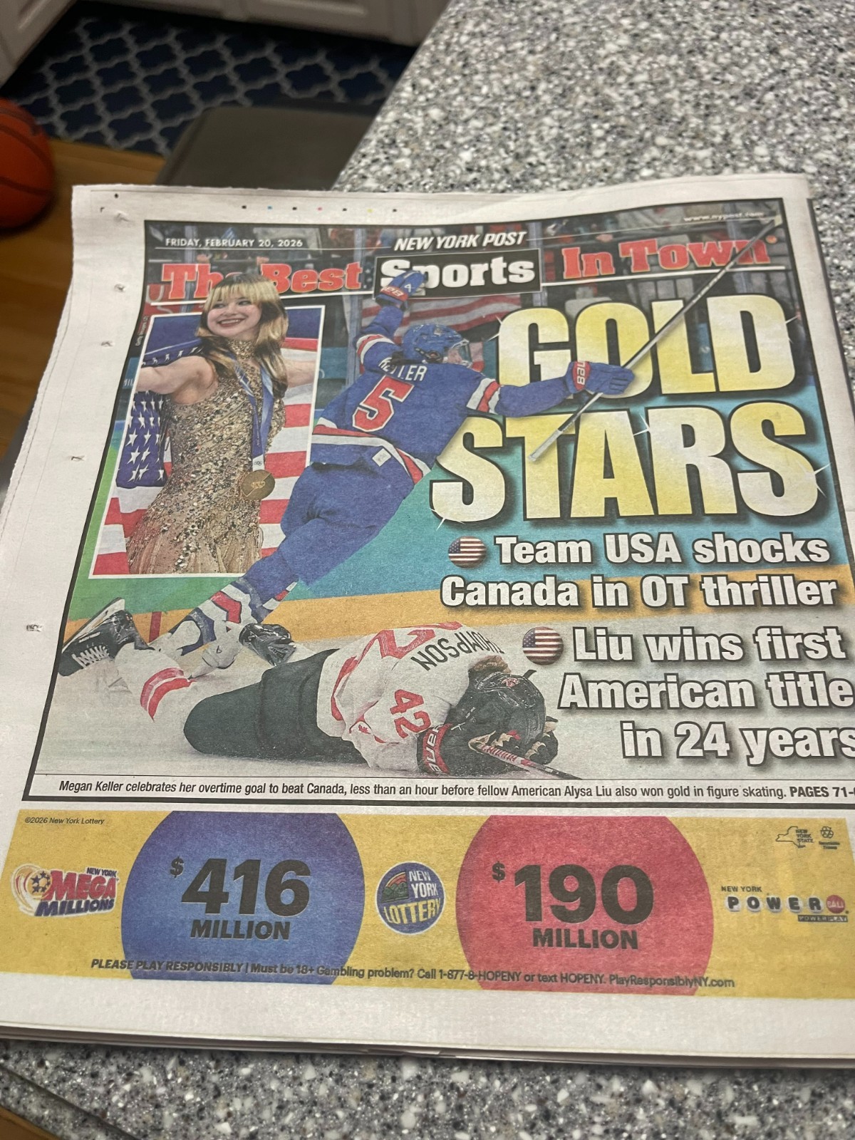 NY Post Newspaper 2/20/26 USA Hockey & Alysa Liu Win Olympic Medals Gold Stars