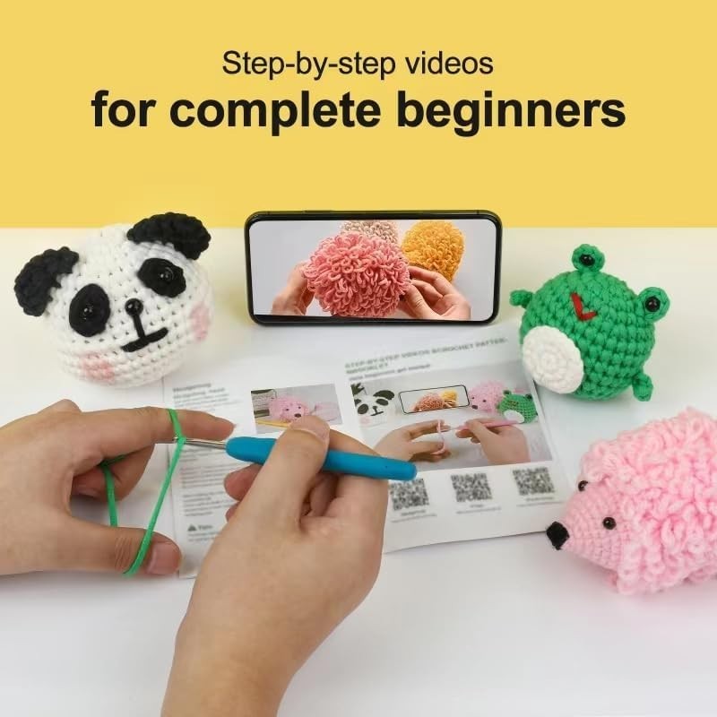 Beginner Crochet Kit With Step-by-Step Video Tutorials - Create Panda, Frog &...