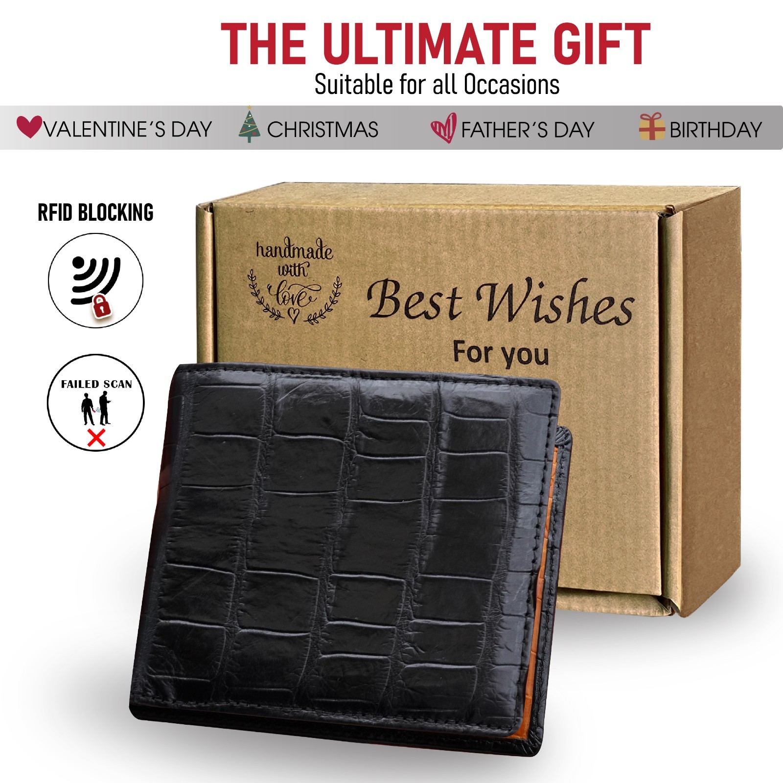 Black/Orange Leather Bifold Wallet Handmade RFID Blocking