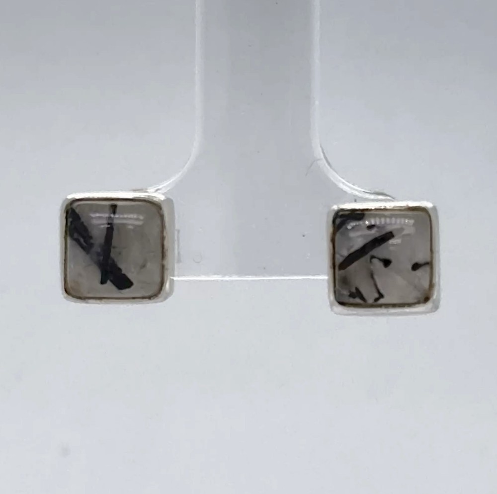 Square RUTILATED QUARTZ Post Rectangle Earrings 925 STERLING SILVER Gemstone 10e