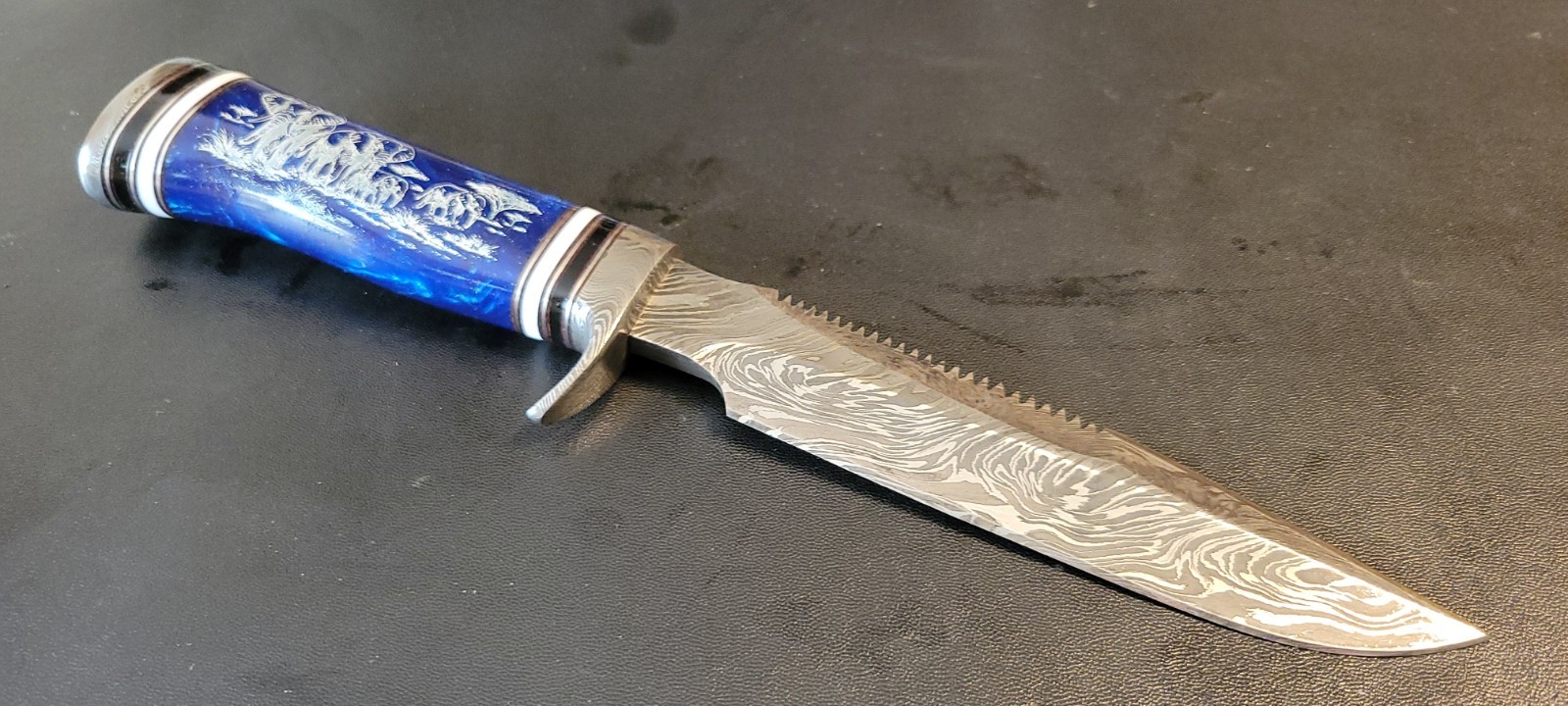 Impact Cutlery Custom Damascus Hunting Knife Engraved Blue Resin handle- 2399