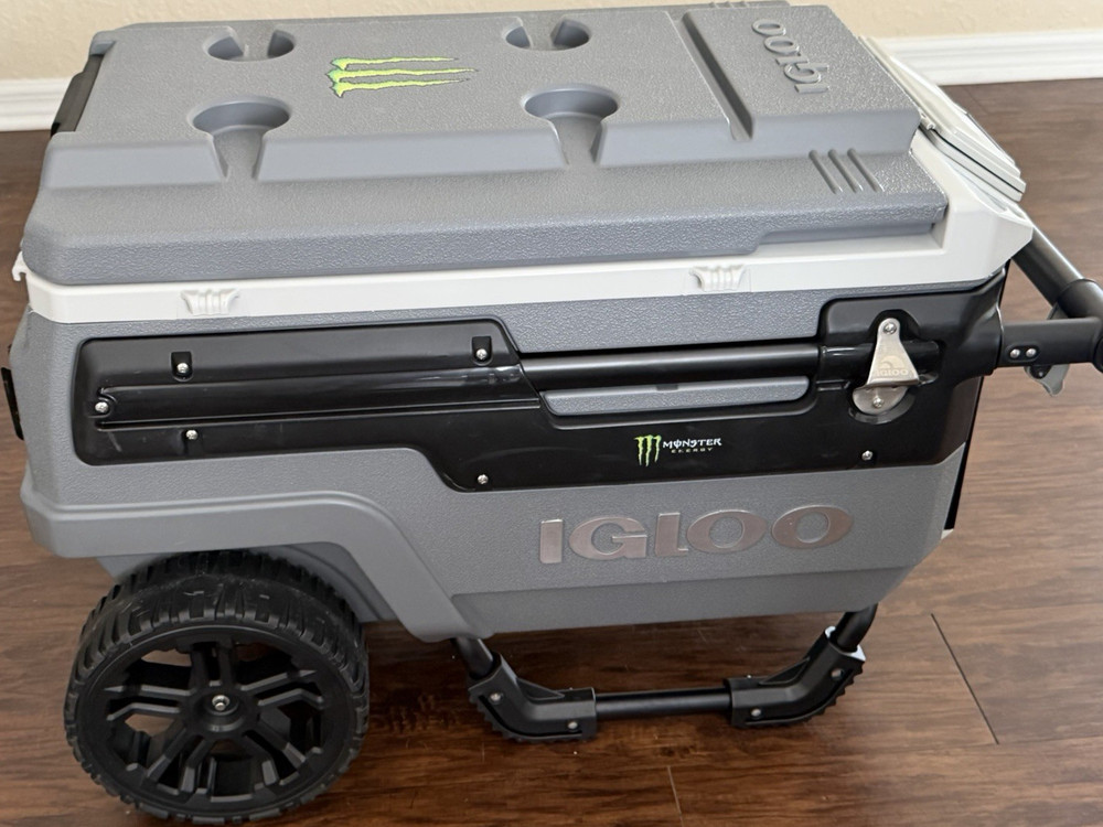 Igloo Wheeled Cooler Box Gray with Tray, Bottle Opener, Cup Holders, Pull Handle