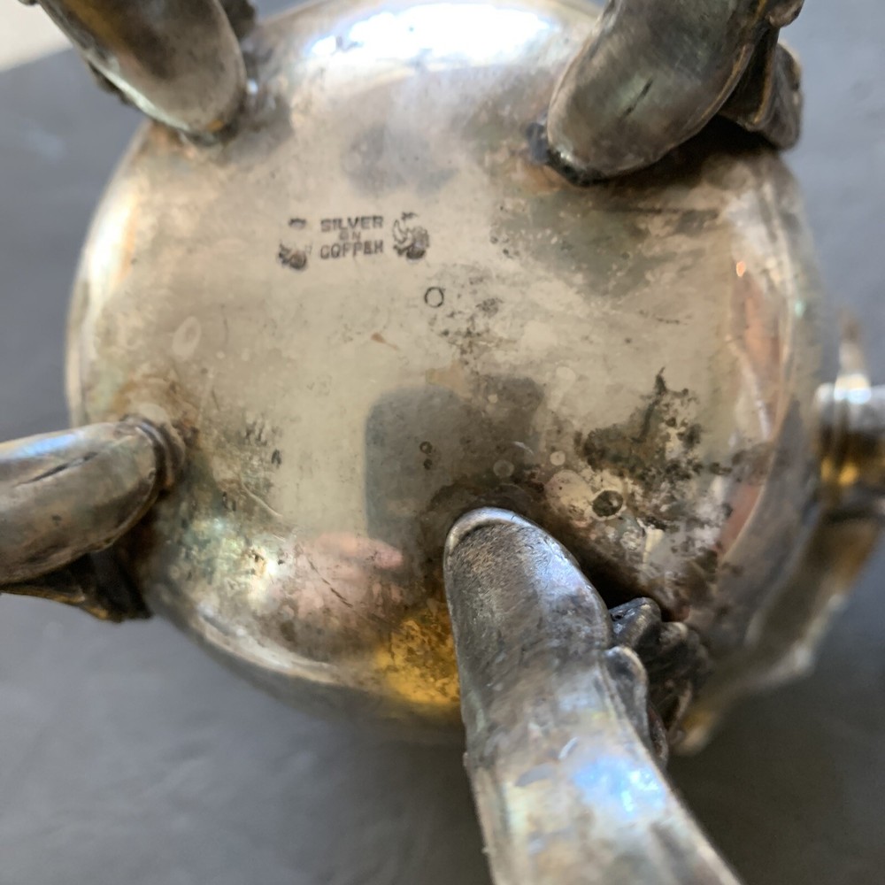 Silver on Copper Pitcher Acanthus Leaf Footed Ice Lip Monogram 8” Tall