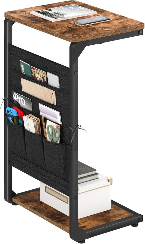 C-Shaped End Table W/ Storage Bag Small Couch Side Table Sofa TV Tray Table
