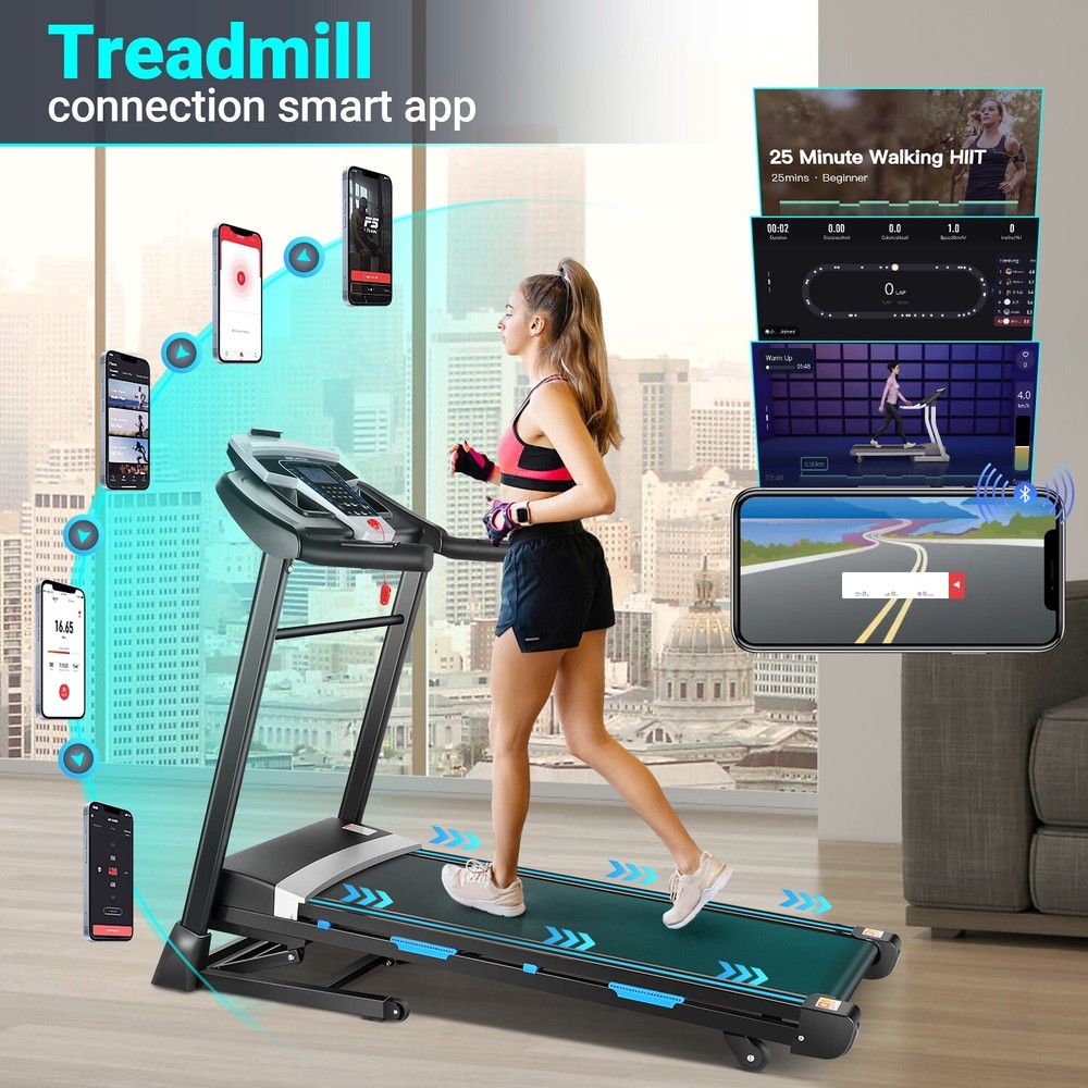 👍Large Treadmill Folding Treadmill with 15% Auto Incline Smart App Control USA