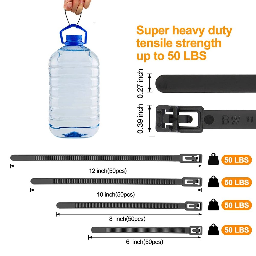 SOOOEC 200 Pack Reusable Zip Ties Assorted Sizes Sizes, Black