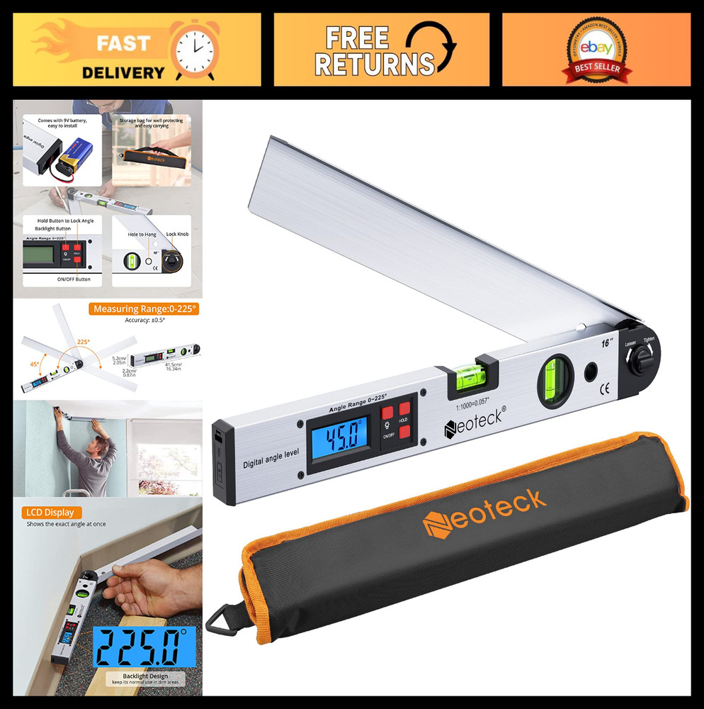 Digital Angle Finder Protractor 225° 16" Backlit LCD Level Tool with Bubbles