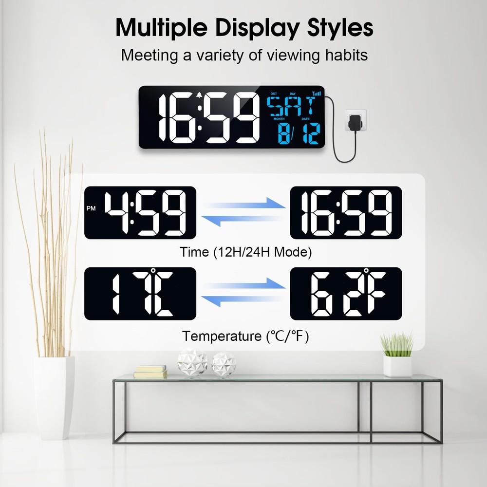 17-in Digital Wall Clock, Bluetooth Sync, Auto-Dimming, Remote, Date, Temp