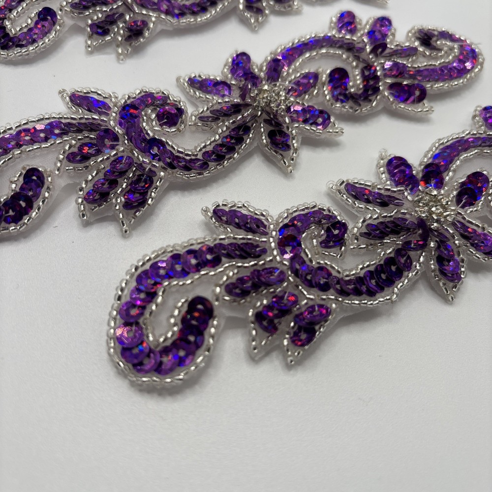 6 Purple Sequins Appliques Silver Beaded Border D2