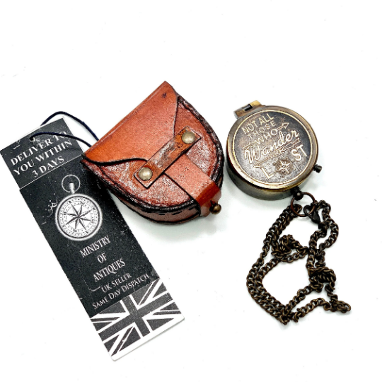 ENGRAVED POCKET COMPASS & KEYCHAIN NAUTICAL HANDMADE COMPASS & LEATHER POUCH