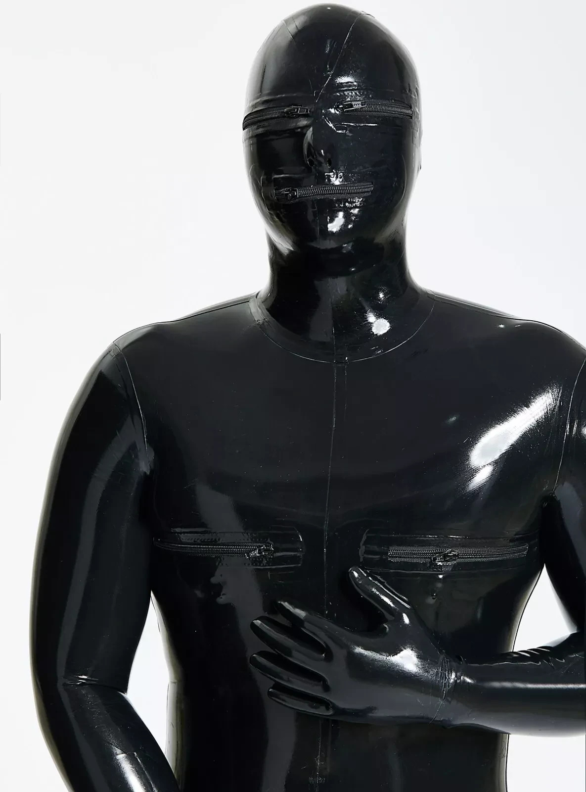Men Latex Chest Zip Catsuit Hood Zip Penies Sheath Rubber Bodysuit Customized