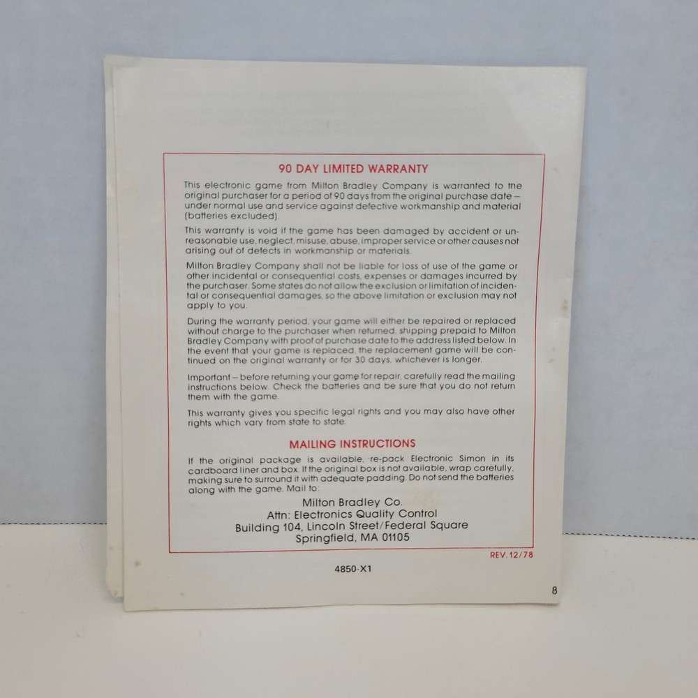 Milton Bradley 1978 Simon Game Instruction Manual