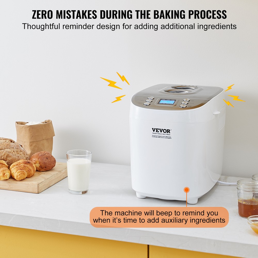 VEVOR 3LB 15-in-1 Bread Maker Automatic Compact Dough Machine Nonstick White