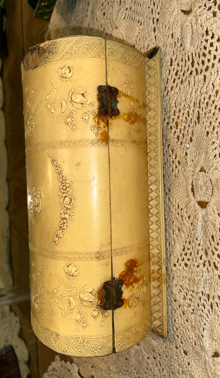 Antique Jewelry Box Engraved Angel Celluloid Wrapped Wood 9x 3.75 Oval Quite Old