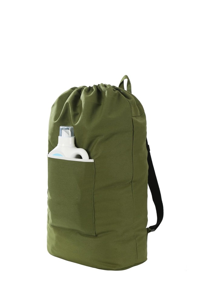 Washable Canvas Laundry Backpack with Large Front Pocket and Drawstring Closure