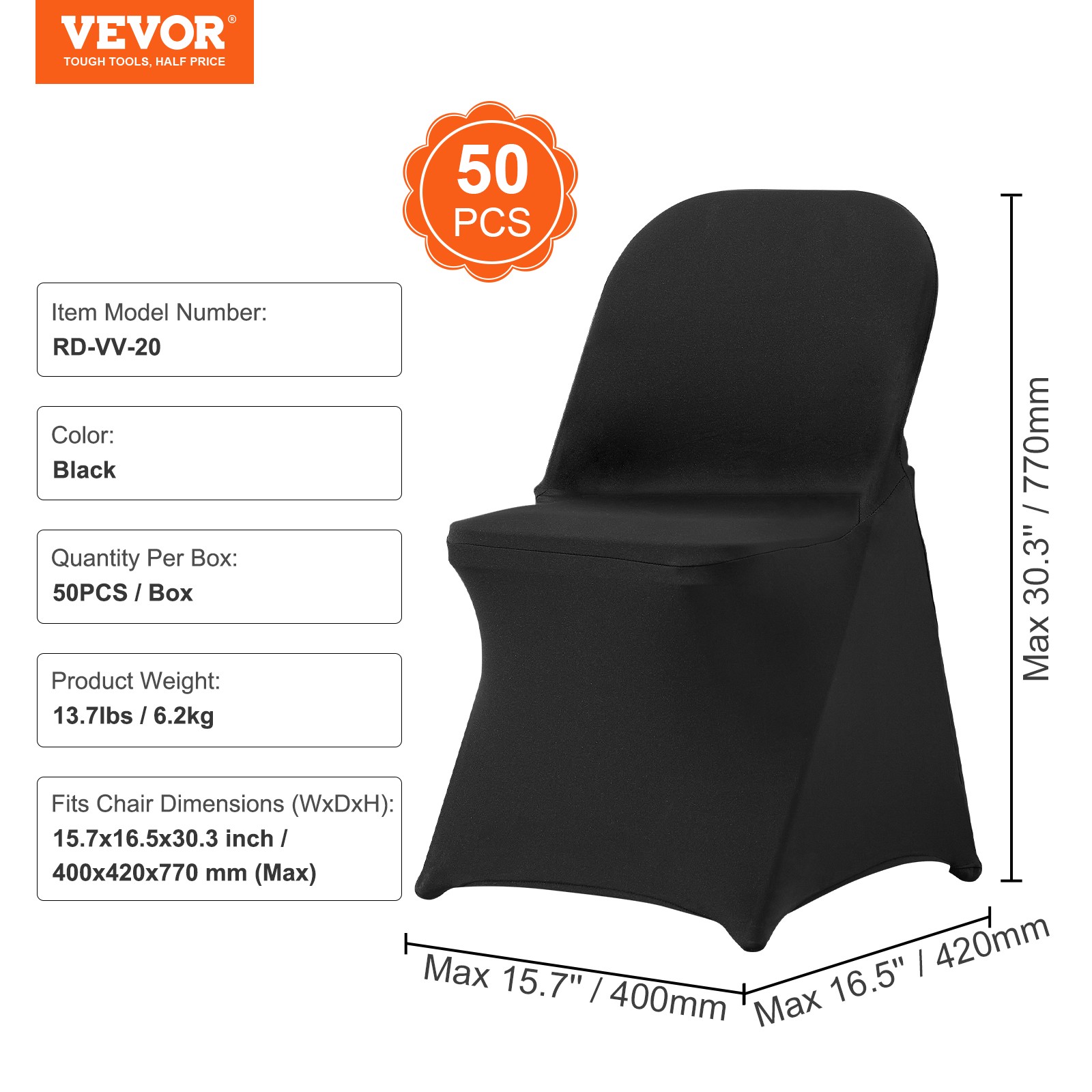VEVOR 50PCS Black Stretch Spandex Folding Chair Covers for Wedding Party Dining