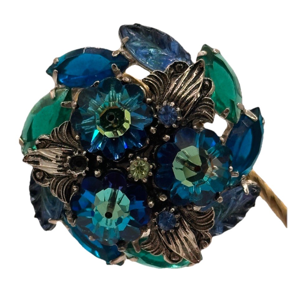 Vintage Unsigned MCM Silver Tone Blue and Green AB Rhinestone Brooch READ