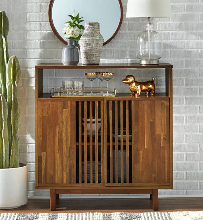 Sideboard Pecan Solid Server Top Doors Mid Century Acacia Veneer Stained Finish