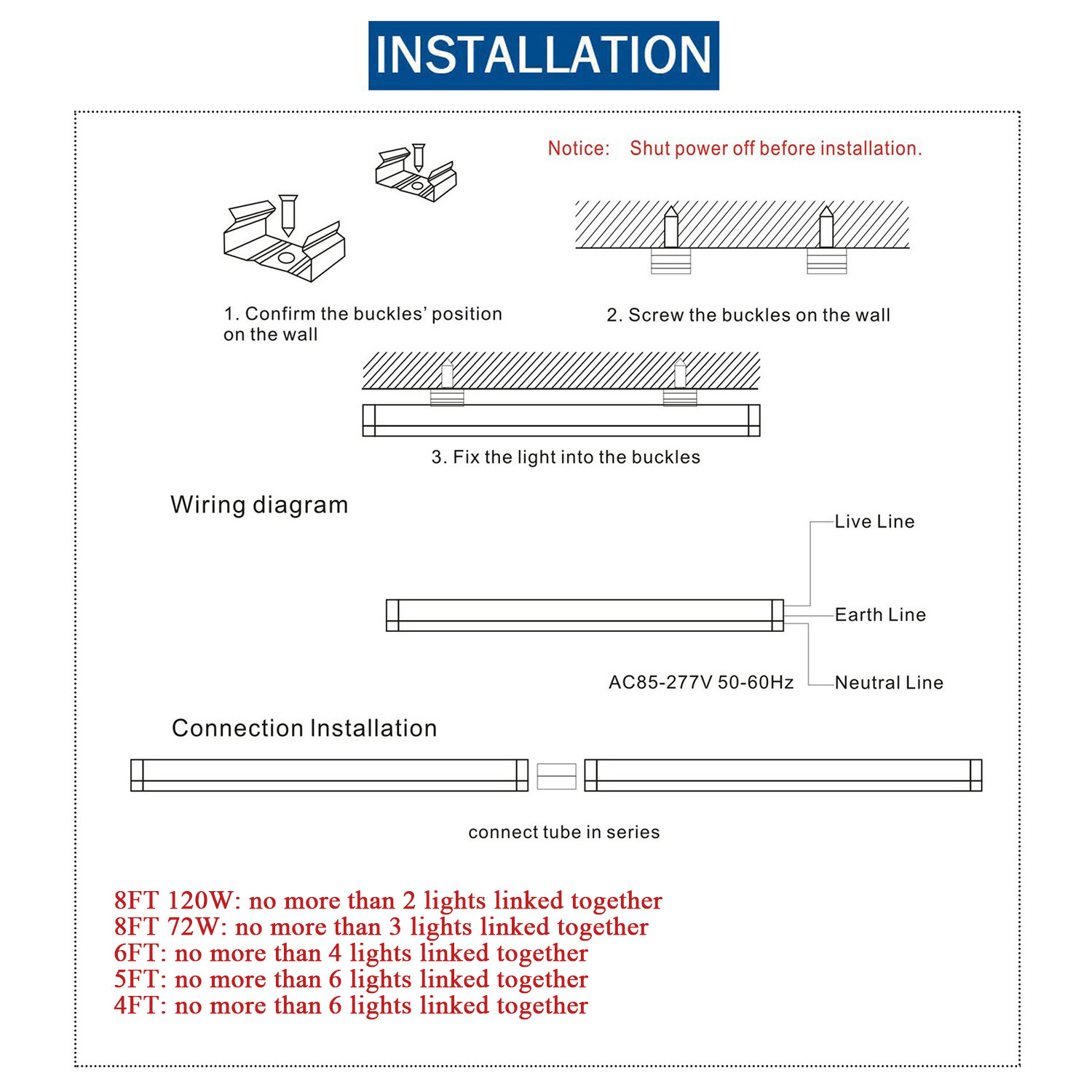 2FT 4FT 5FT 6FT 8FT 120W LED Shop light Fixture 6000K 8Foot LED Tube Light Bulbs