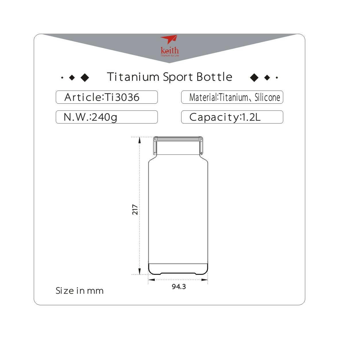 Keith Titanium Ti3036 Bottle with Leakproof, Quick Bayonet-type Cap Mount