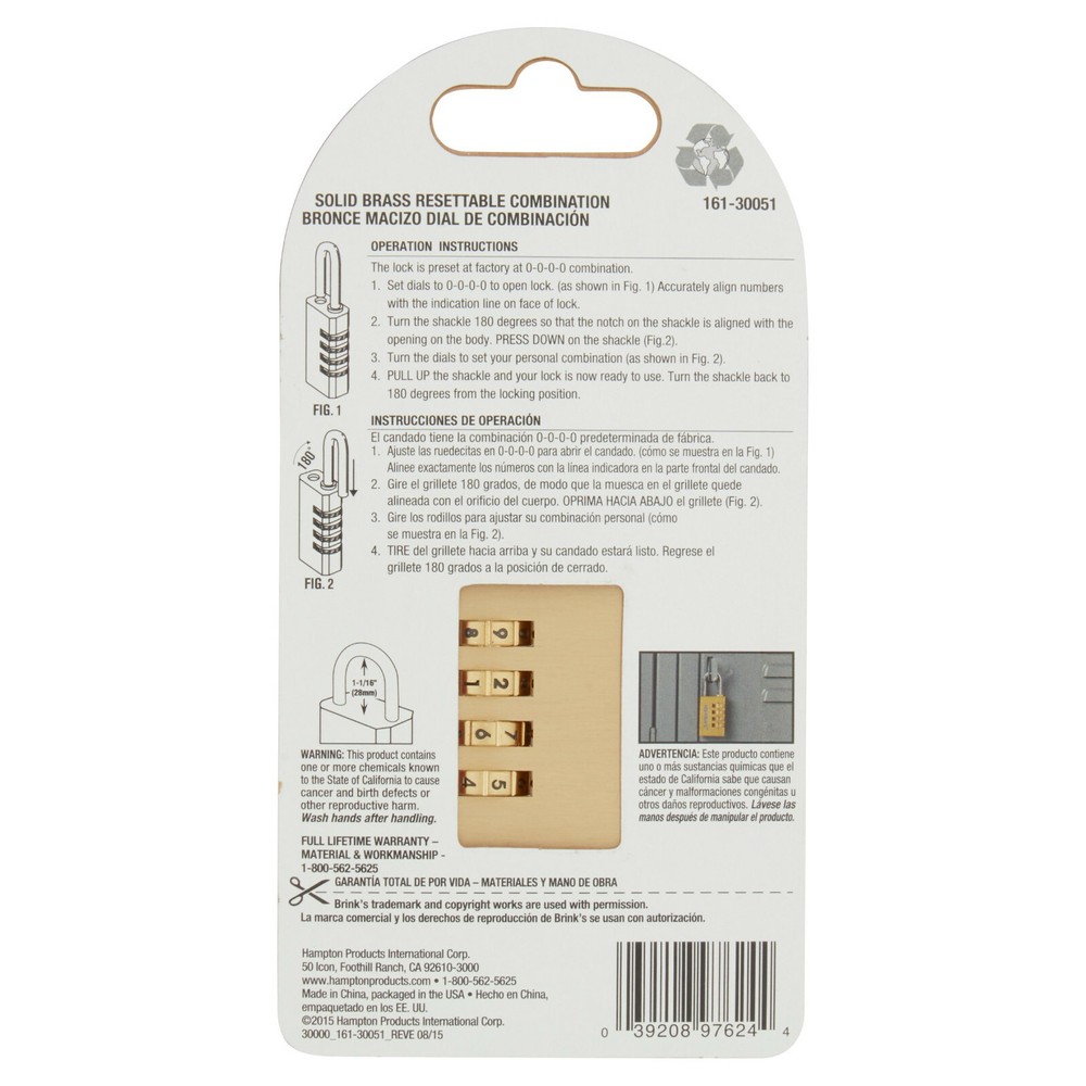 Brink's COMBO 4-DIAL COMBINATION RESETTABLE PADLOCK 30mm SOLID BRASS Weather-Res