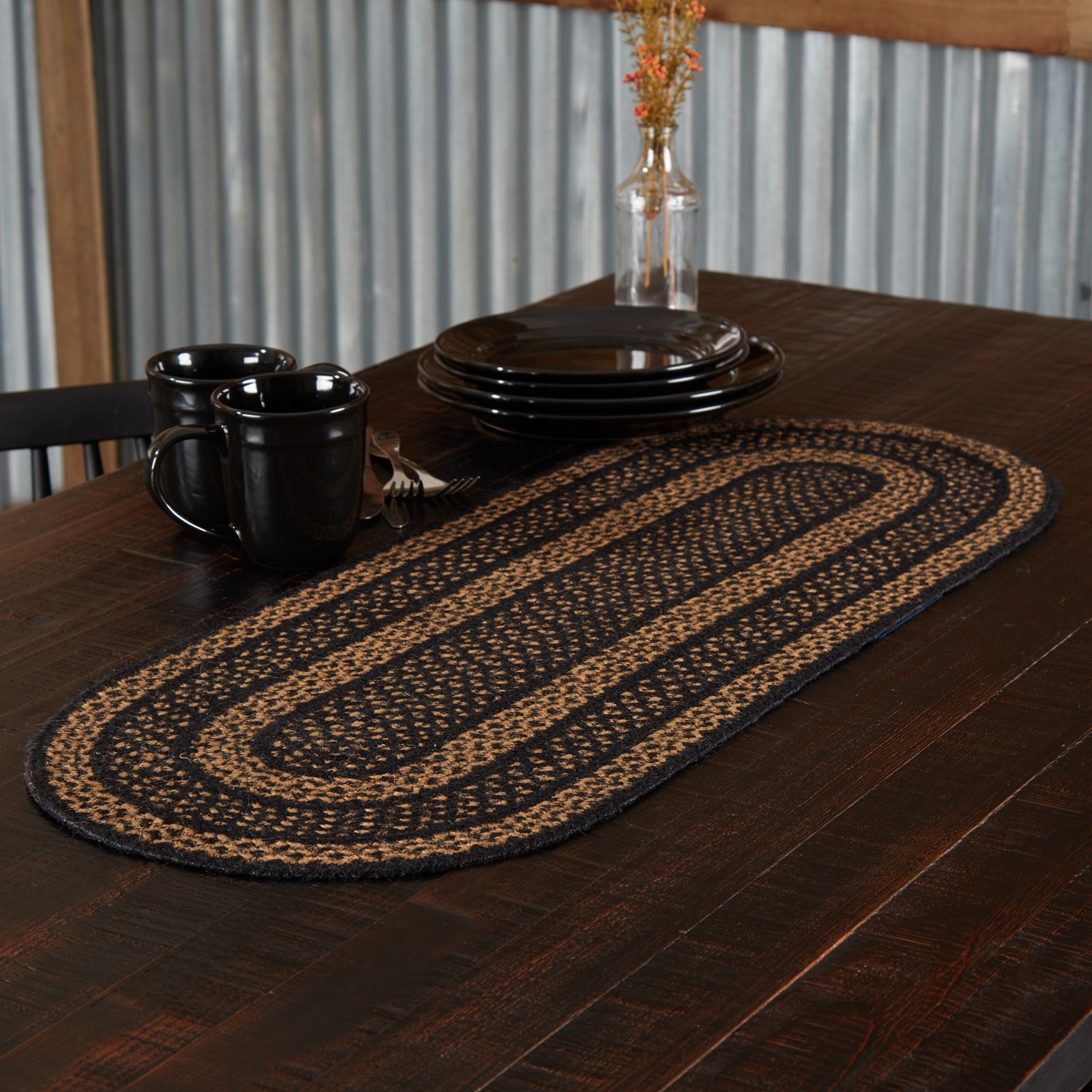 VHC Brands Table Runner Black & Tan Jute Primitive 13x36 Oval Striped Kitchen