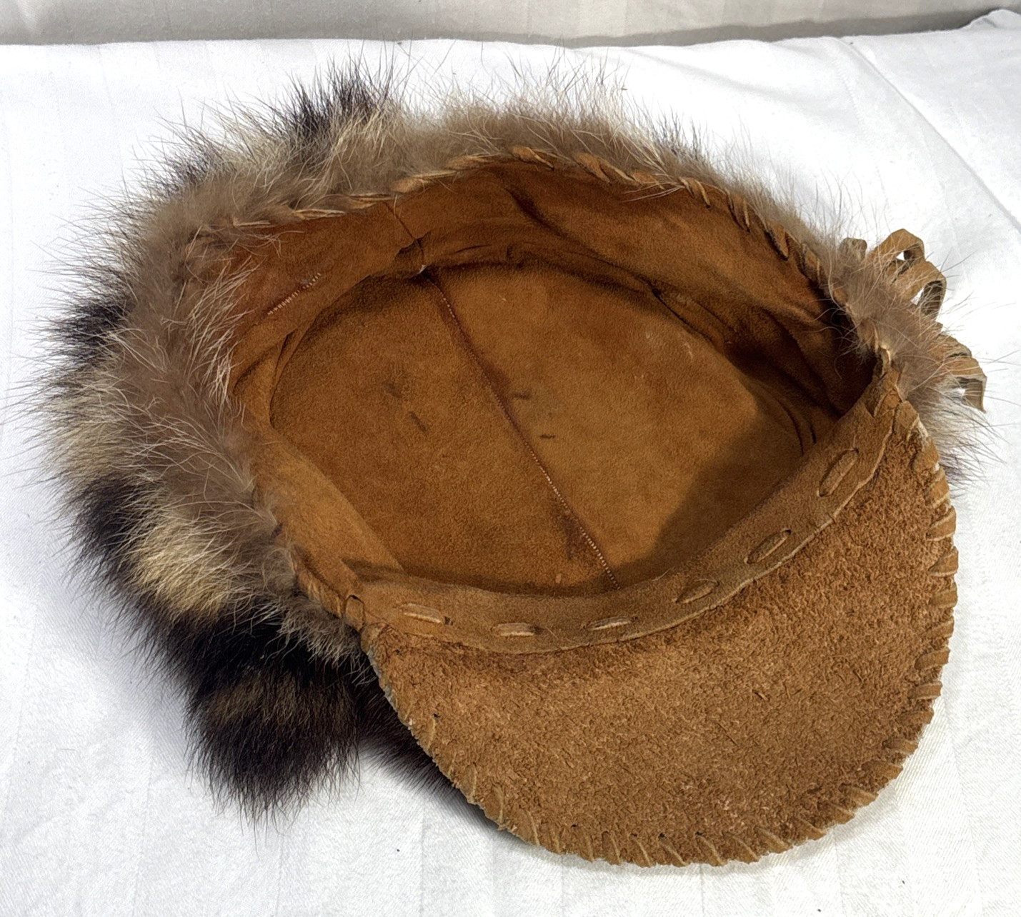 Custom Native American Racoon fur hat with Leather Brim + Beaded Accents Size M