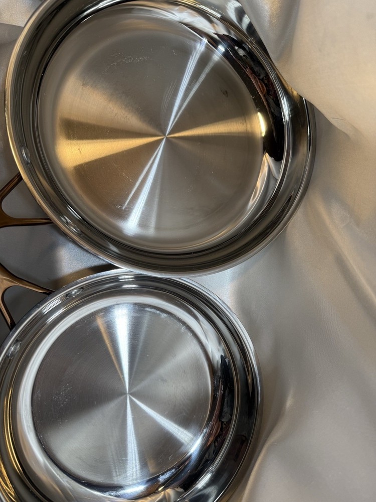Wolfgang Puck 6 PC Stainless Cookware Set Copper Handles, Knobs Glass Lids