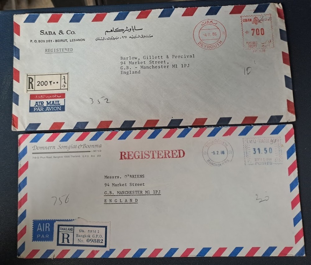 6 Registered World Covers Used with Labels