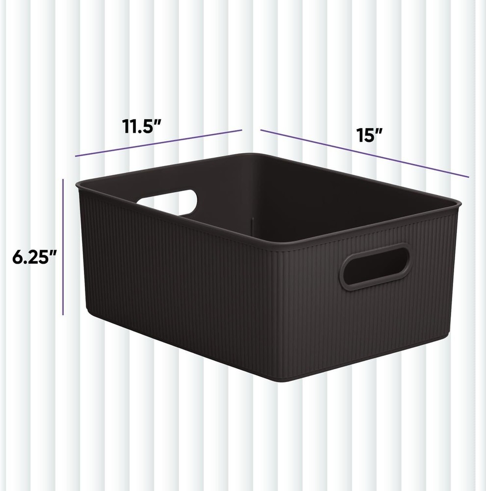 Decorative Storage Bin, Medium Brown Ribbed Plastic Storage Basket (15 Liter)