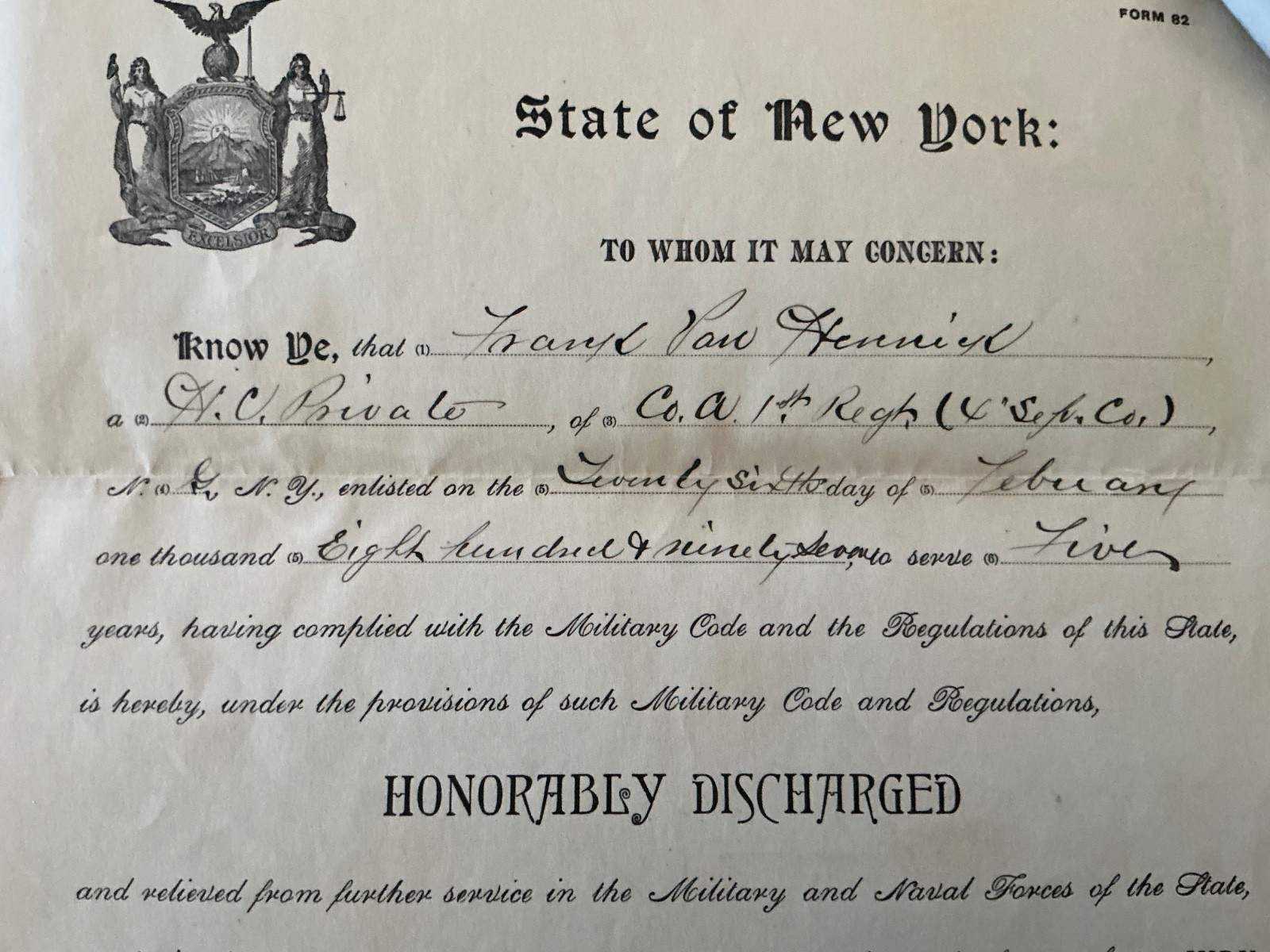 ANTIQUE …1897 NYS US Naval FORCES Discharge paper EXCELLENT condition