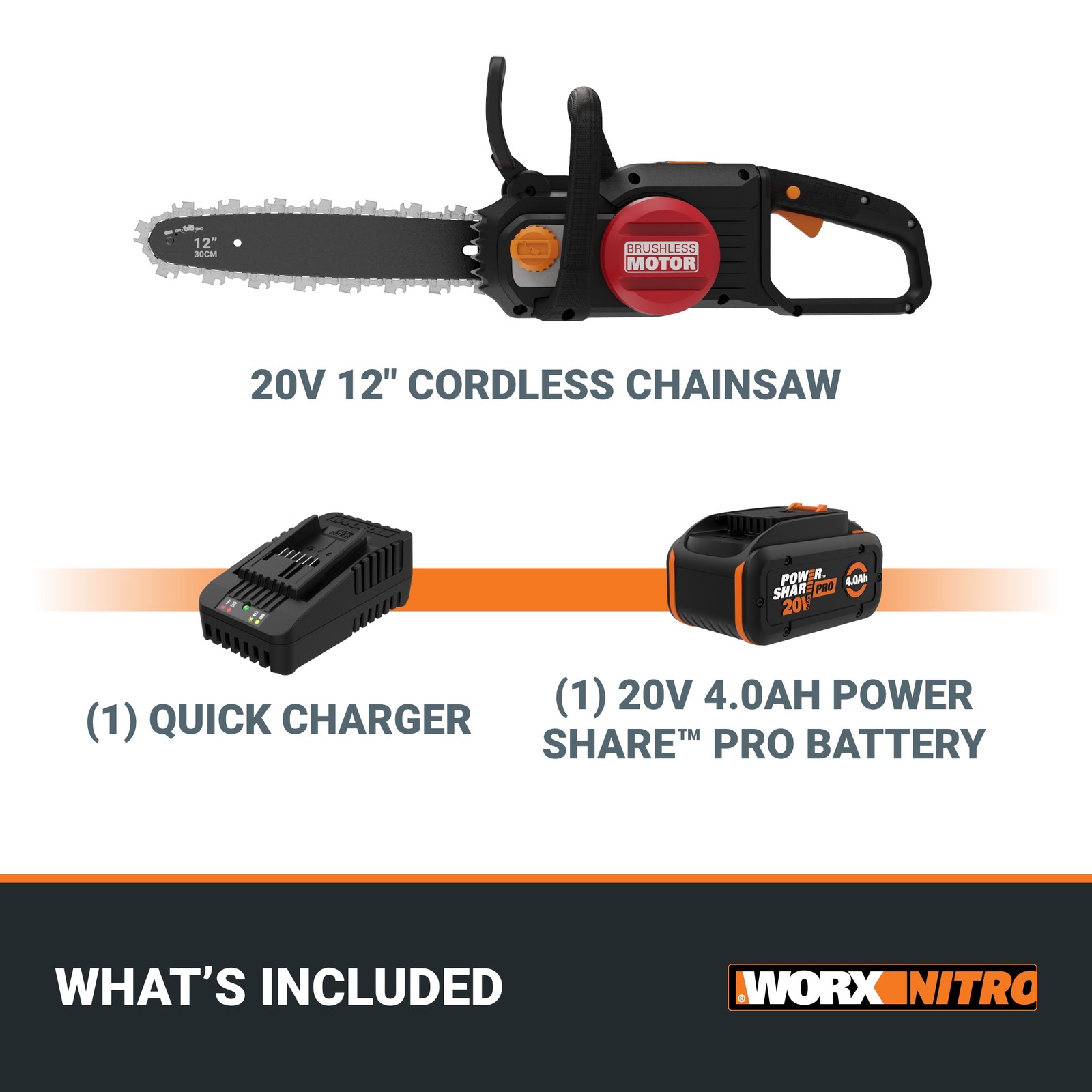Worx Nitro 20V Brushless 12" Cordless Chainsaw (WG350-SU)