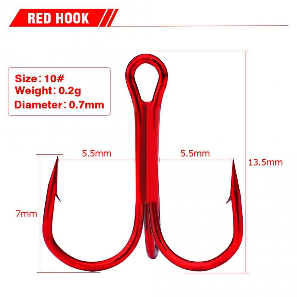 100PCS Red Treble Hooks High Carbon Steel Sharp &Round Bend Size #2-#12