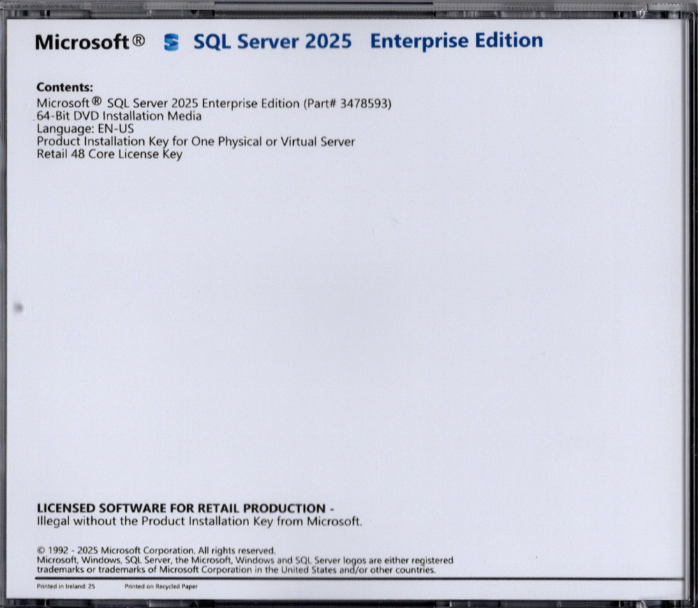 Microsoft SQL Server 2025 Enterprise with 48 Core License, unlimited User CALs