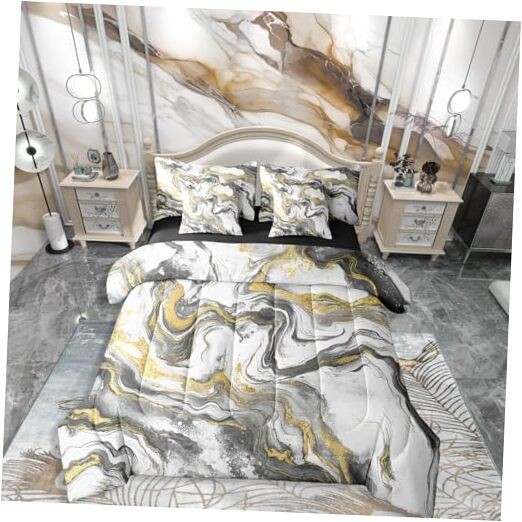 Marble Grain Size Bed Sheets and Comforter Set, Classic Full Grey White Gold
