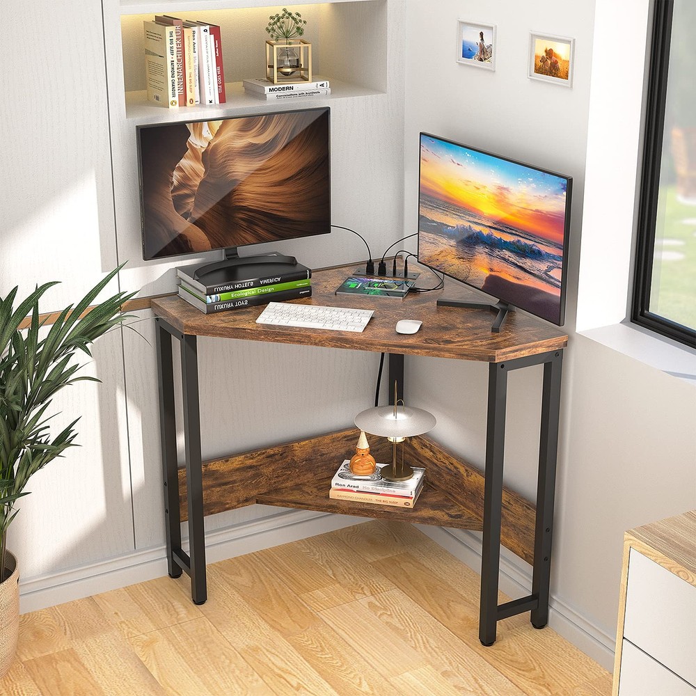 Corner Small Desk with Outlets Corner Table for Small Space Industrial Comput...