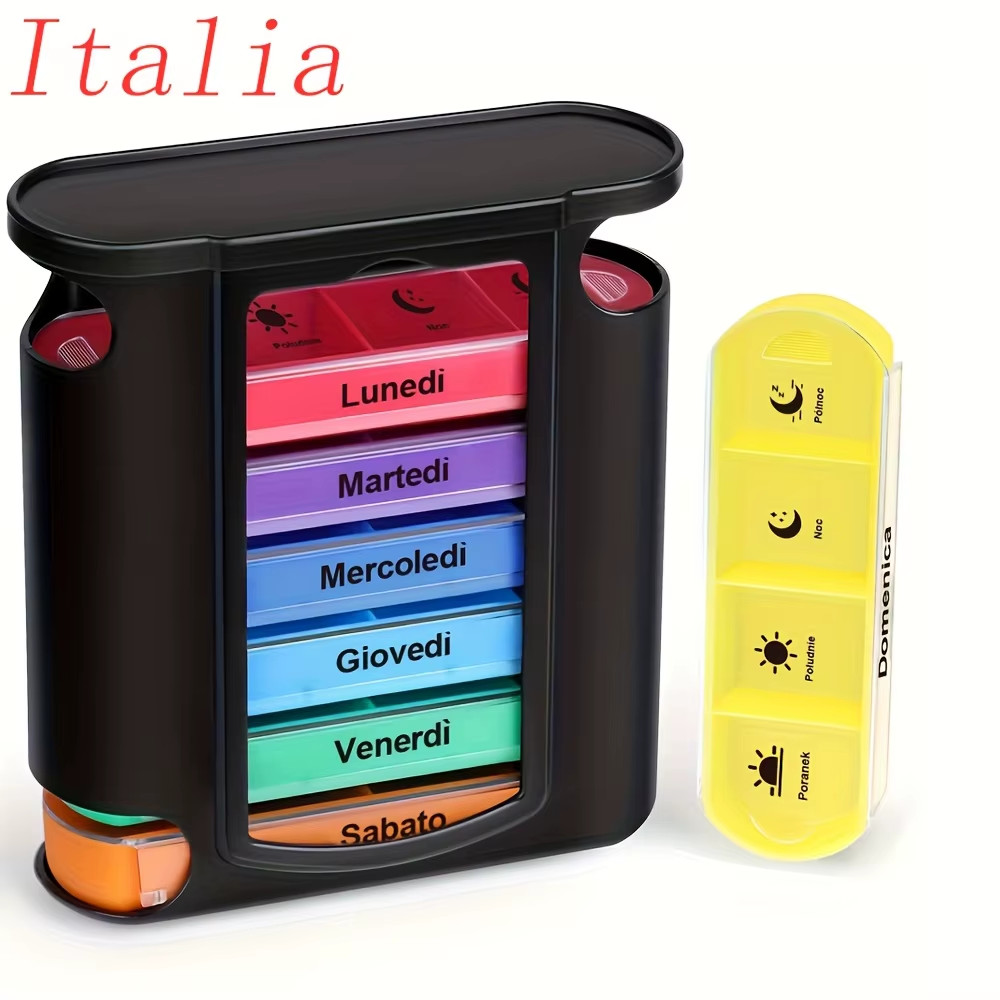 [Printed in Italy] Weekly Pill Organizer, 7 Stackable Compartments Four Times-A-