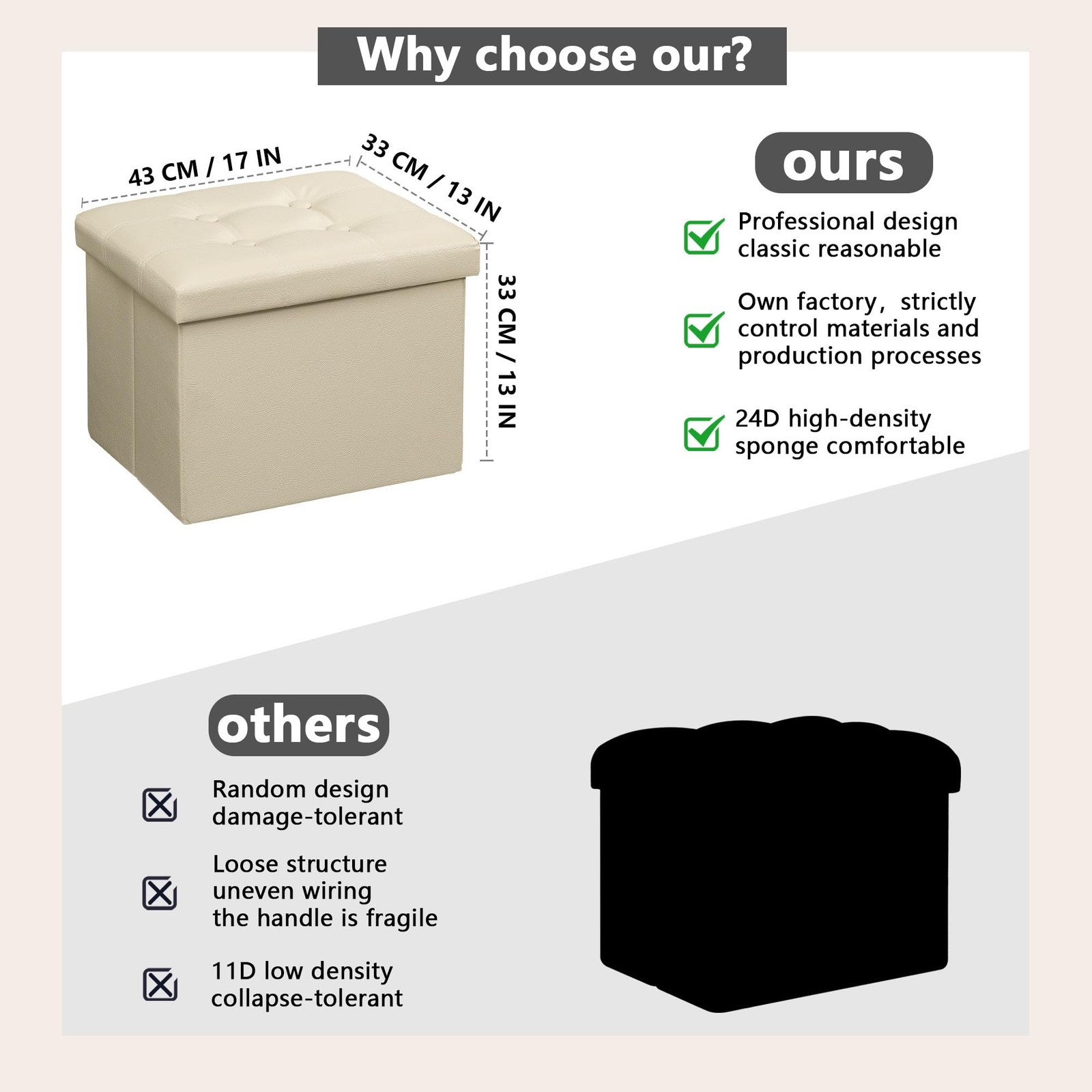 Storage Ottoman Foot Rest Stool 17 Inch Folding Leather Footstool Bench Short Be