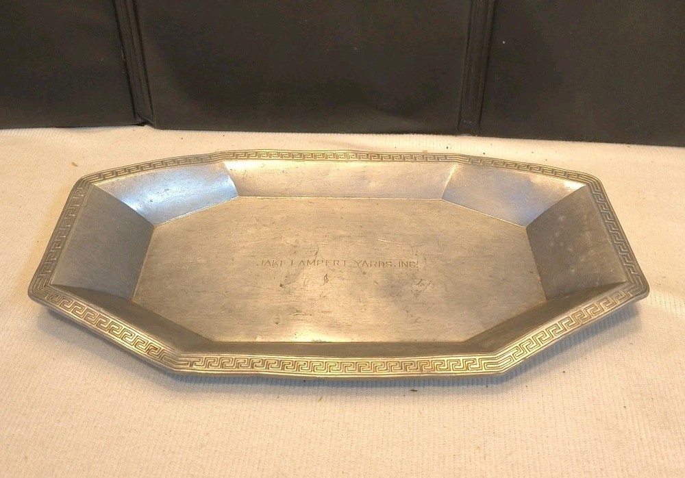 Antique Octagonal Dish Tray Aluminum Jake Lambert Yards, WI w/ Greek Key 11x5.5"