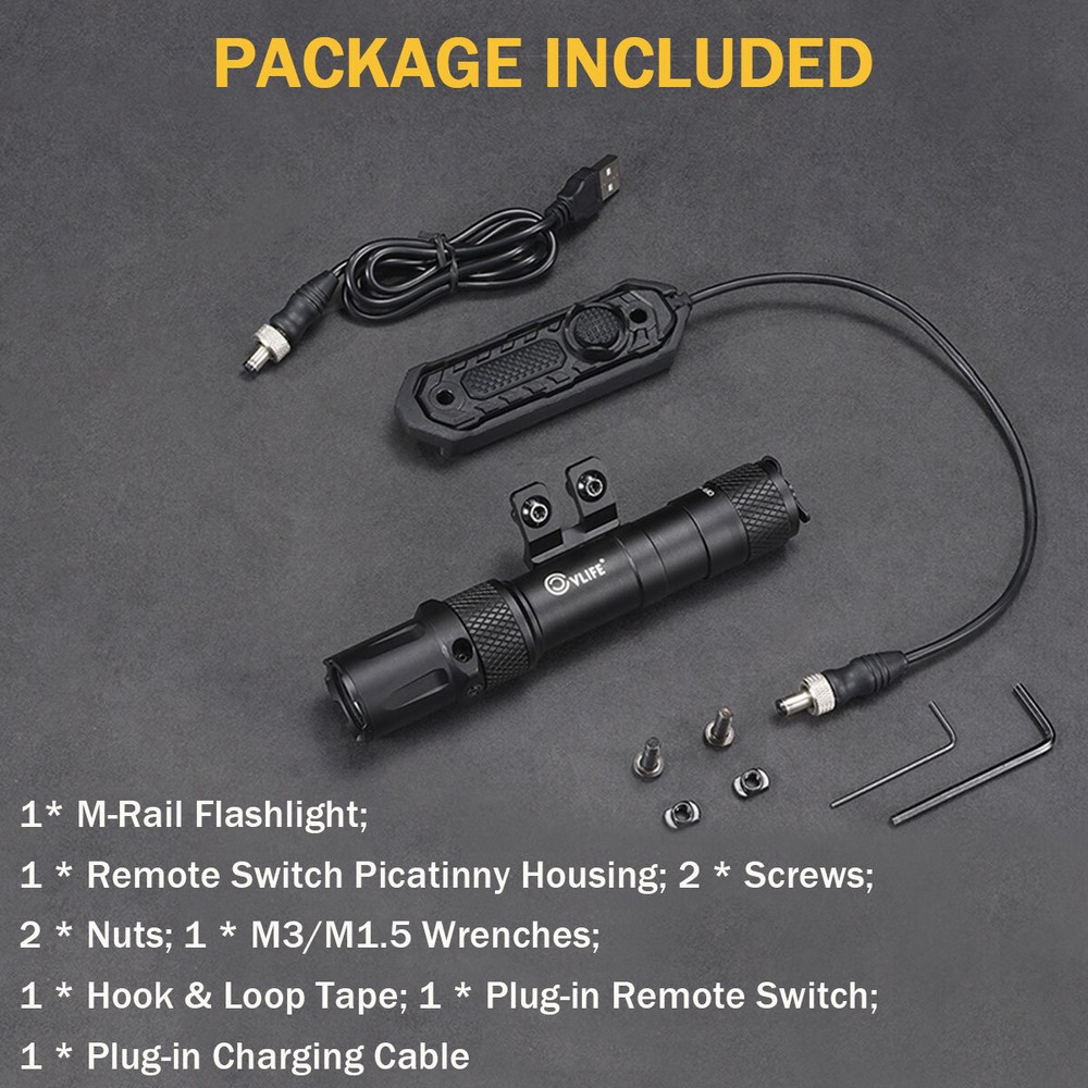 Mlok 1900 Lumens Tactical Flashlight Laser Light Combo + Pressure Remote Switch