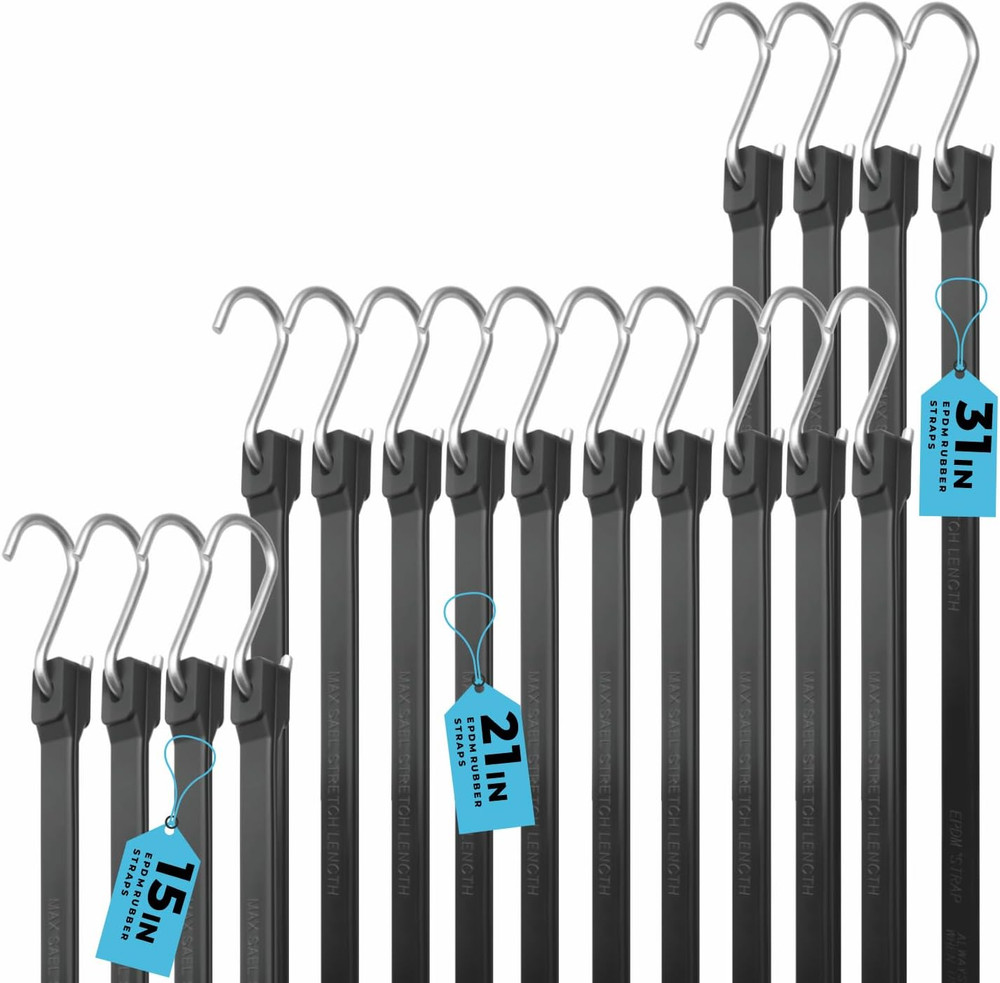 20 Pack Multiple Size Natural Rubber Tarp Bungee Straps Tie Down Cords with S...