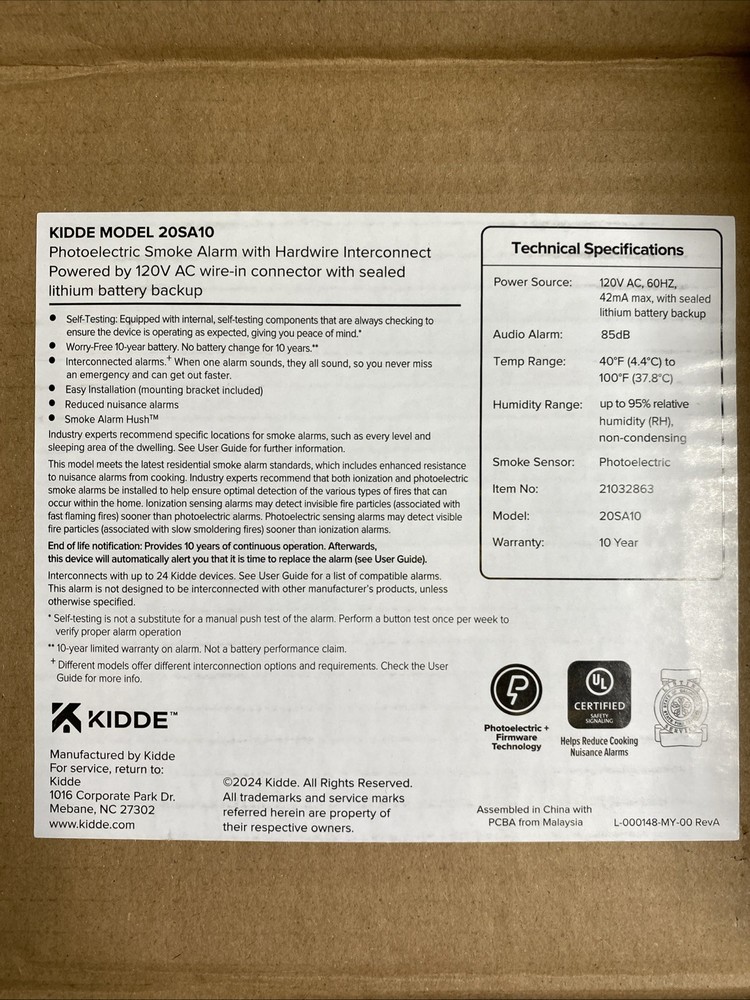 Kidde 20SA10 Hardwired Smoke Detector, 10-Year Battery, Interconnectable