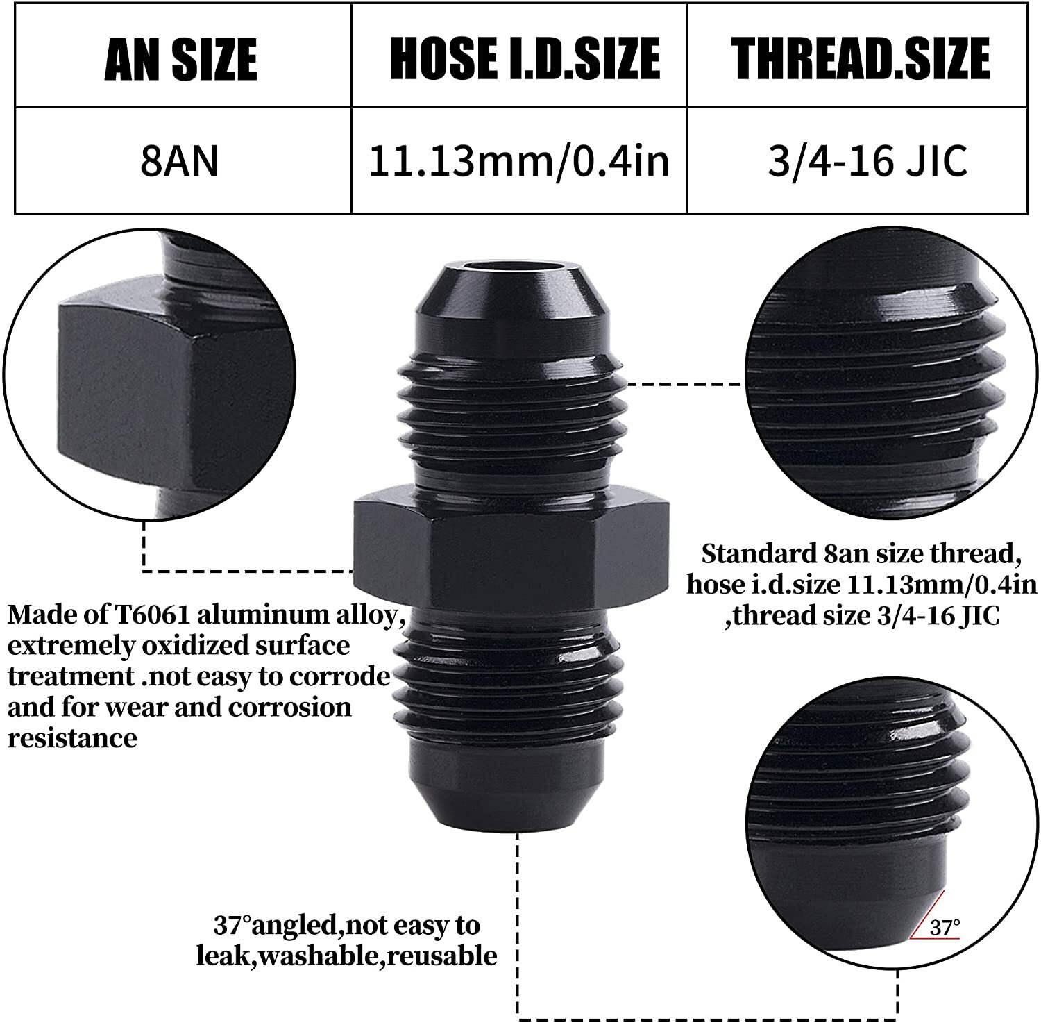 8AN to 8AN Male Flare Coupler Union Straight Fuel Hose Adapter Fitting 2 PCS