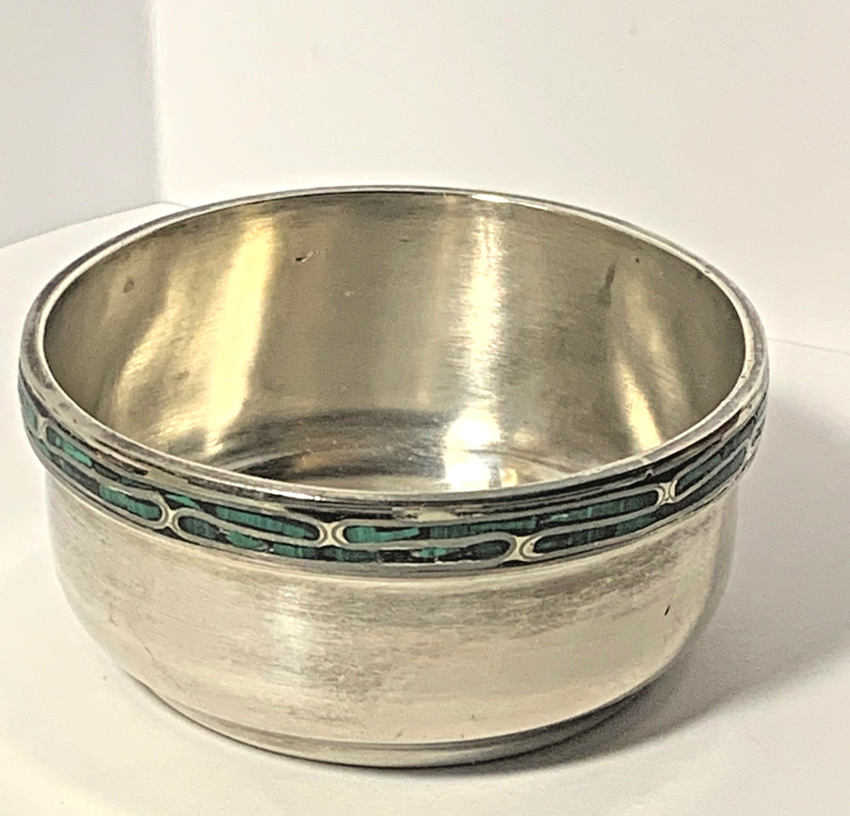 Vintage Sterling Silver Bowl Dish with Inlay Malachite Stone Mid Century Modern