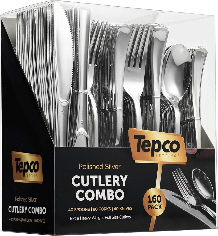 Plastic Silverware Set- Silver Flatware Set- Heavy Duty Cutlery Set Bulk Combo