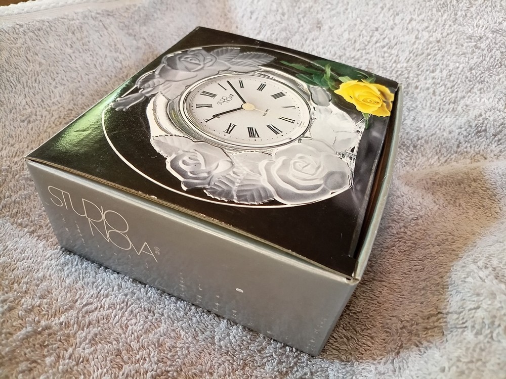 Studio Nova Lead Crystal Table Clock - Rose Pattern - Japan/Germany **NIB**