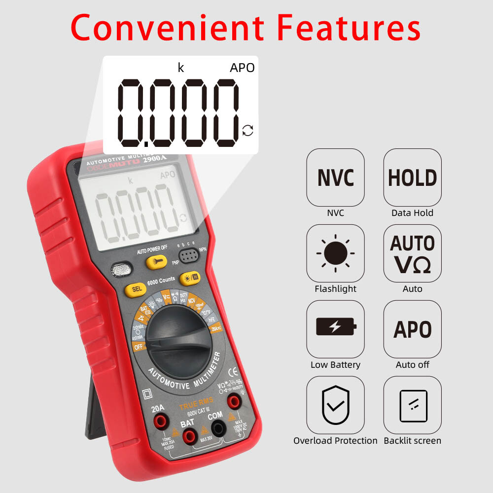 2900A Digital Multimeter 6000 Counts Dwell Angle RPM Meter AC DC Voltage Current