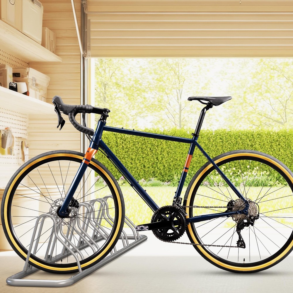 Bicycle Floor Parking Stand Adjustable Storage for 5 Bikes Silver