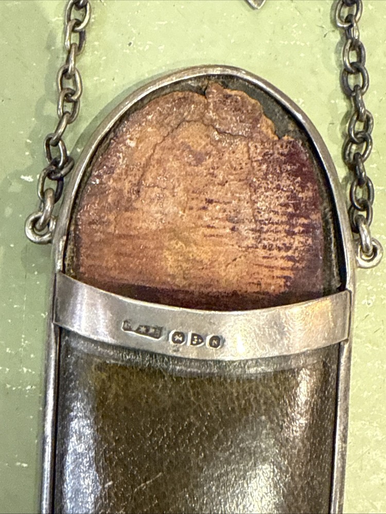 Victorian sterling silver & leather spectacles holder with Chatelaine hook